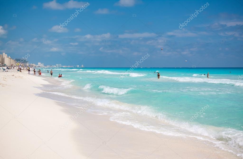 The panorama of the white sand beach of Caribbean sea in Cancun 