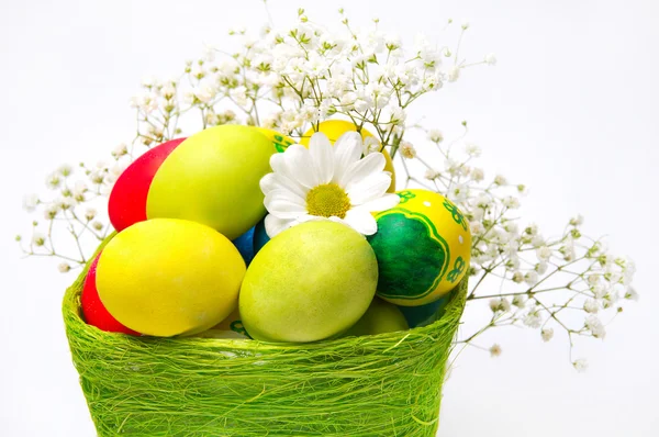 Színes húsvéti tojást és egy kosár virágot — Stock Fotó