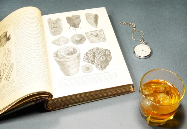 Glas Whiskey, Taschenuhren und offenes Buch — Stockfoto