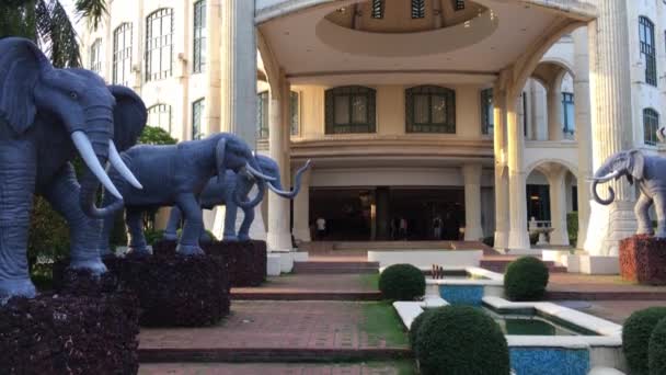 Statues of elephants in the background of a historic building by the fountain — Stock Video