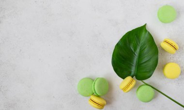 Beyaz beton arka planda renkli makaronlar. Boşluğu kopyala