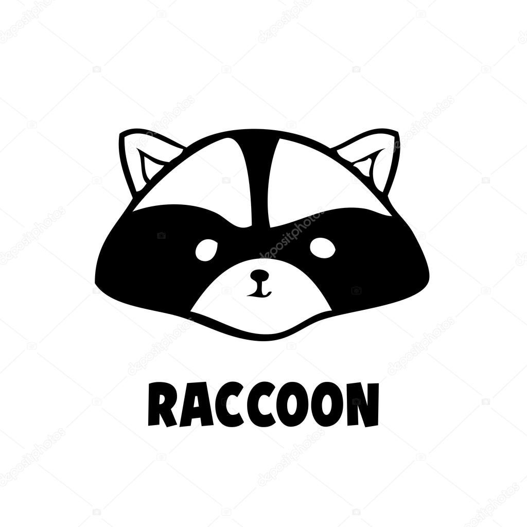 Vector head raccoon icon, little raccoon logo black on white background. Cute anime racon. Coon animal.