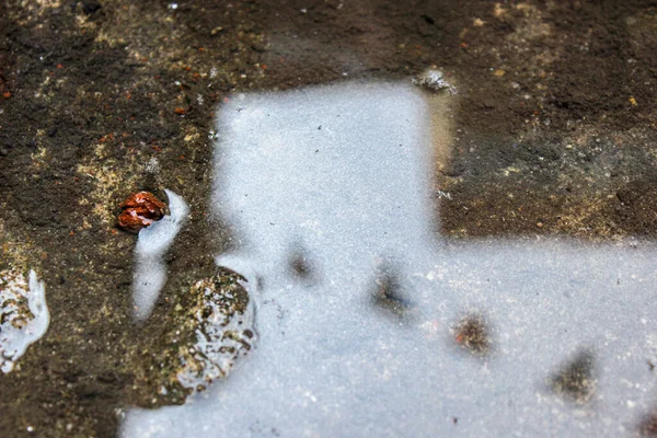 Reflection of a box-shaped building shadow in a puddle of dirty water on muddy, gravelly ground.
