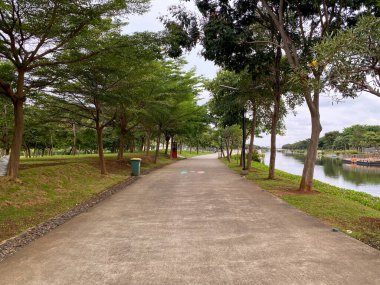 Yeşil çimenler ve gölgeli ağaçlarla çevrili beton yol, PIK 2 parkında bulutlu bir gökyüzünün altına açılıyor..