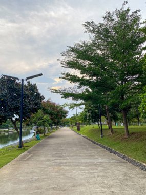 Beton yol, sokak lambalarıyla yeşil çimenler arasındaki mesafeye uzanıyor. Alacakaranlıkta PIK 2 parkında gölgeli ağaçlar tarafından çevreleniyor..