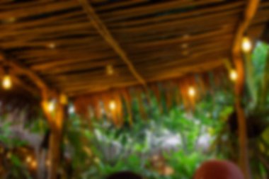 Soyut arkaplan odak dışı. Dekoratif Bambusoideae bambu çatısında Edison 'un asılı ampulleri ve kuru yaprakları yeşil tropikal bitkilerle çevrili bir açık hava restoranında..