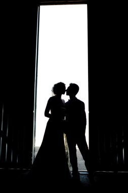 Gelin ve damat onların düğününde siluet öpüşme