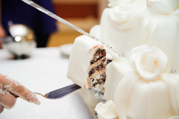 Bride and groom are Slicing the wedding cake — Stock Photo, Image