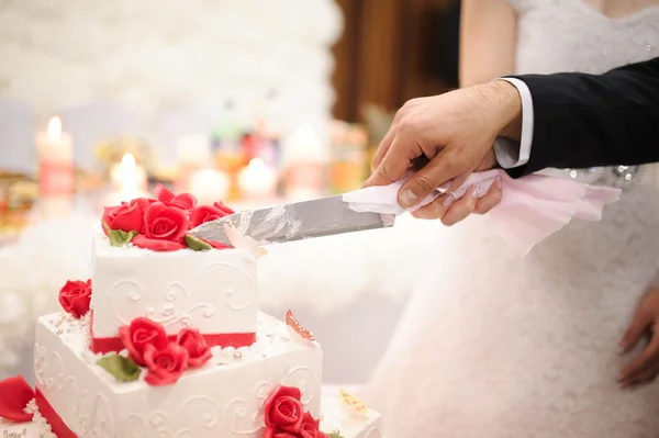 Noiva e noivo estão cortando o bolo de casamento — Fotografia de Stock