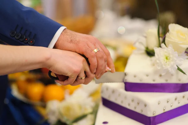 Sposa e sposo stanno affettando la torta nuziale — Foto Stock