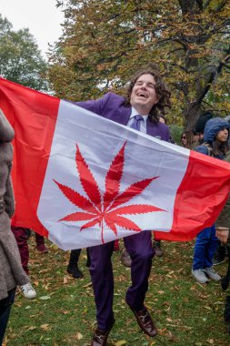 Adam dans ediyor, Marihuana Yaprağı yerine Marihuana Yaprağı ile Kanada Bayrağını ortada tutuyor, Trinity Bellwood Parkı 'ndaki Kenevir Yasallaştırma Günü' nde, 