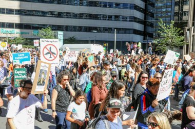 TORONONTO, ONTARIO, CANADA - 27 Eylül 2019: 'Gelecek İçin Cuma' iklim değişikliği protestosu. Küresel İklim Grevi 'nde binlerce insan pankartlarla yürüyor
