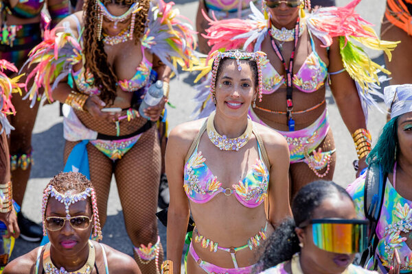 TORONTO, ONTARIO, CANADA - AUGUST 3, 2019: Participants in the Toronto Caribbean Carnival Grand Parade, which is one of the largest street festivals in North America.