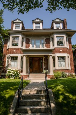 TORONTO, CANADA - AUGUST 21, 2017: BIG HOMES ON RESIDENTIAL STREET IN HIGH PARK/RONCESVALLE NEIGHOURHOOD clipart