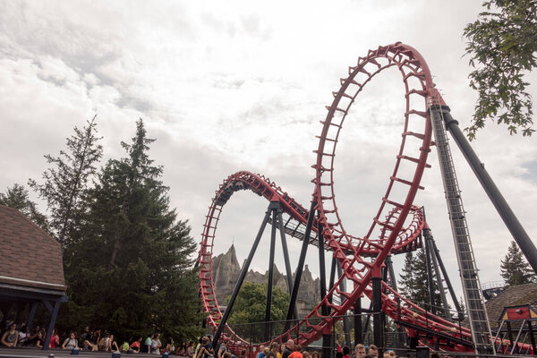 VAUGHAN, CANADA - AUGUST 28, 2018: Dragonfire Double Looper roller coaster at Canada's Wonderland.