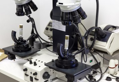 Elektronik mikroskop. İki tüfek kartuşları hassas elektronik mikroskobu analiz edilir.