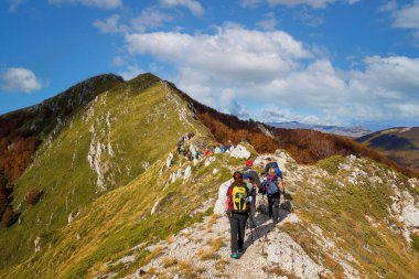 Bir grup yürüyüşçü sonbahar manzarasında dağın tepesindeki patikada..