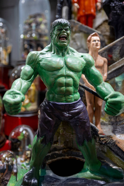 Naples, Italy - December 26, 2025: figurine of incredible hulk for sale on the stalls of an Gregorio Armeno, the famous street of Christmas gifts.