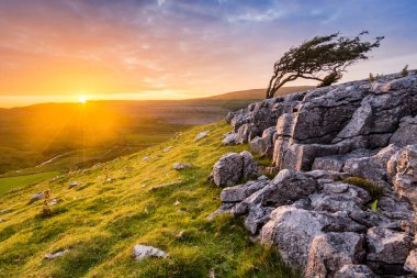 Kuzey Yorkshire, İngiltere 'deki Twistleton Scar' da canlı bir akşam güneşi..