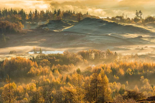 Paisagem Outono Gelada Uma Manhã Fresca Nebulosa Lake District — Fotografia de Stock