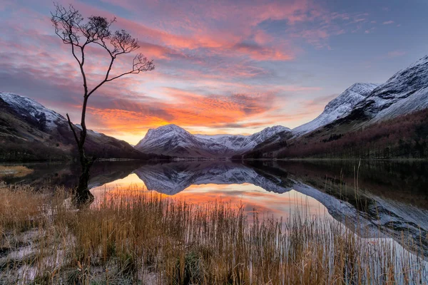 Lever Soleil Dramatique Hiver Buttermere Dans District Des Lacs Anglais — Photo