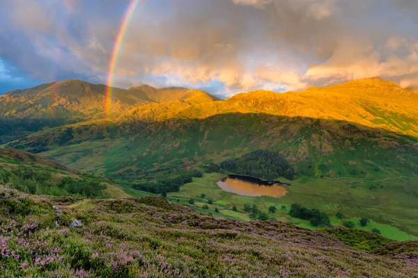 Prachtige Dubbele Regenboog Cumbrian Vallei Met Dramatische Wolken Vroege Ochtend — Stockfoto