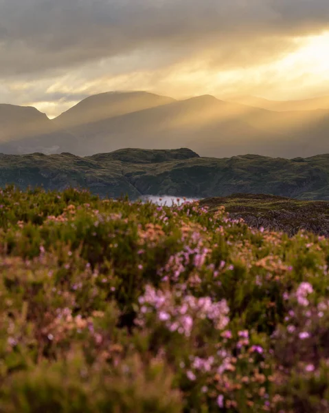 Majestosos Raios Dourados Luz Manhã Rompendo Nuvens Paisagem Montanha Com — Fotografia de Stock