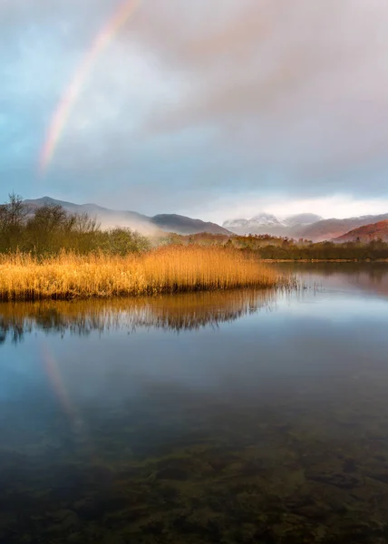 Rainbow Reflection Calm Lake Peaceful Morning Elterwater Lake District National — Φωτογραφία Αρχείου