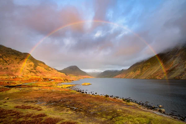 Plein Arc Ciel Dessus Paysage Dramatique Vue Lac Wastwater Dans — Photo