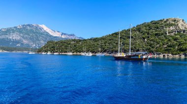 Bir grup yelkenli arka planda dağlar olan bir su kütlesinde yüzüyor..