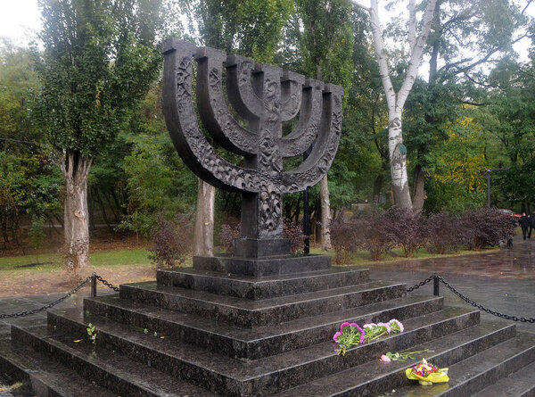 View of the Menorah monument on the territory of the Babiy Yar national reserve, in Kiev, September 27, 2020
