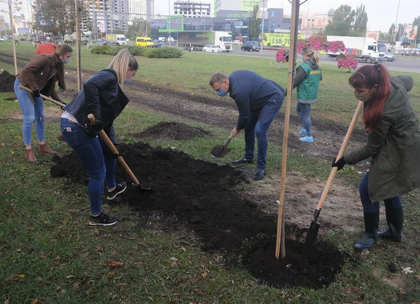 キエフ 2020年10月8日の景観Bazhana Avenueでの行動中に活動家はカエデを植えます — ストック写真