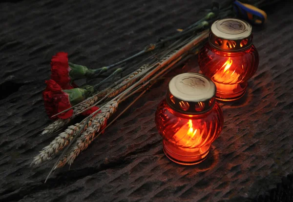 Lit Lámpák Tüskék Szegfűk Keserű Gyermekkori Emlék Szobor Közelében Holodomorok — Stock Fotó