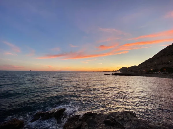 Coucher Soleil Magnifique Coloré Avec Nuage Plage Espagne — Photo