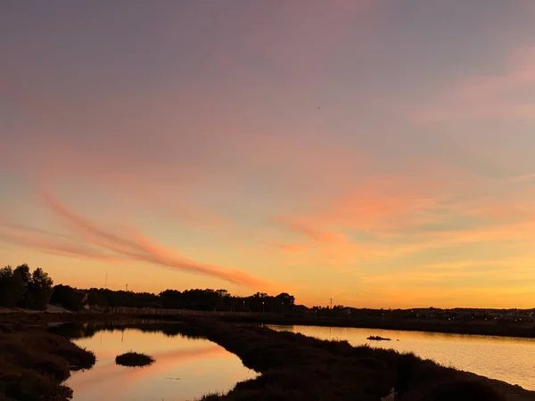 Sonnenuntergang Bauernhof Und Salzsee Wiese Horizont Blick Spanien — Stockfoto