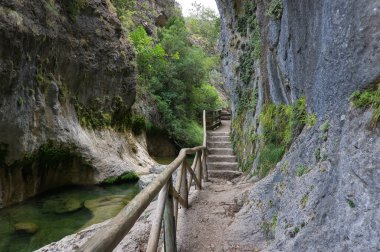 Borosa Nehri 'nin Sierras de Cazorla, Segura ve las Villas, Endülüs, İspanya' daki Doğal Parkı 'ndaki kaynağı. Güneşli bir günde yol