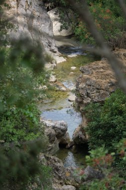 Borosa Nehri 'nin Sierras de Cazorla, Segura ve las Villas, Endülüs, İspanya' daki Doğal Parkı 'ndaki kaynağı. Güneşli bir günde yol