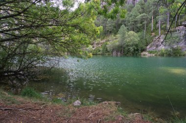 Borosa Nehri 'nin Sierras de Cazorla, Segura ve las Villas, Endülüs, İspanya' daki Doğal Parkı 'ndaki kaynağı. Güneşli bir günde yol