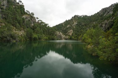Borosa Nehri 'nin Sierras de Cazorla, Segura ve las Villas, Endülüs, İspanya' daki Doğal Parkı 'ndaki kaynağı. Güneşli bir günde yol