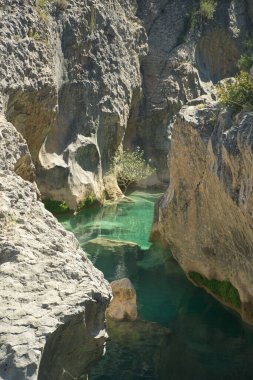 İspanya 'nın Huesca kentindeki Aragonese Pireneleri' nde yer alan Fuente de Tamara 'daki Alcanadre nehri boyunca güzel doğal havuzlar. Yeşil nehir