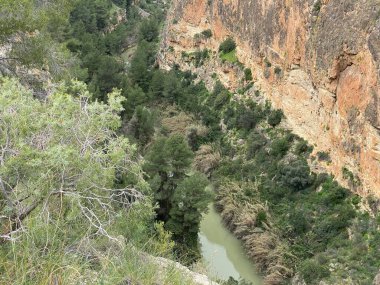 İspanya 'da kayaların, dağların ve birçok bitkinin bulunduğu nehir boyunca bir yürüyüş yolu manzarası. Yönlendirme
