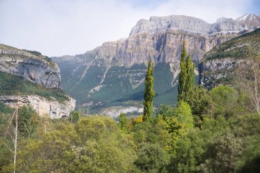 Ara Nehri, İspanya 'nın Huesca kentindeki Aragonese Pireneleri' ndeki Torla kasabasından geçerken. görünüm