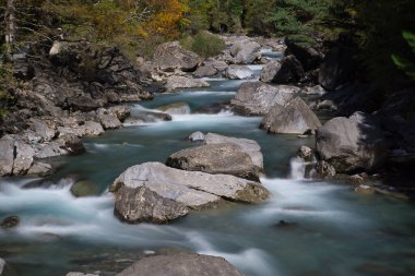 İspanya 'nın Huesca kentindeki Aragonese Pireneleri' ndeki Bujaruelo Vadisi 'nden geçerken Ara Nehri' nin manzarası. görünüm
