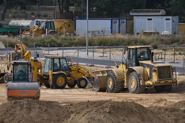 Detalhes Máquinas Escavadoras Uma Construção Uma Urbanização Bulldozer — Fotografia de Stock