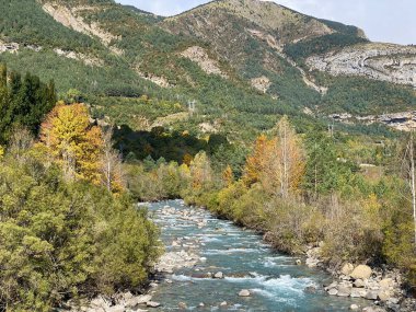 Ara Nehri, İspanya 'nın Huesca kentindeki Aragonese Pireneleri' ndeki Torla kasabasından geçerken. görünüm