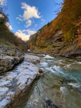 Ordesa y Monte Perdido Ulusal Parkı 'ndaki dağların, ormanların, şelalelerin ve doğal havuzların manzarası. İspanya 'nın Huesca eyaletinde. manzara