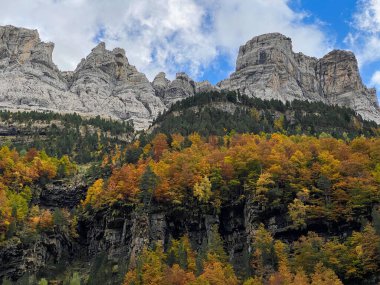 Ordesa y Monte Perdido Ulusal Parkı 'ndaki dağların, ormanların, şelalelerin ve doğal havuzların manzarası. İspanya 'nın Huesca eyaletinde. manzara