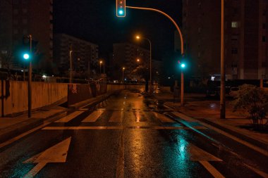Yağmurlu bir günde yeşil trafik ışıkları ve ıslak caddede gece yansıması. görünüm