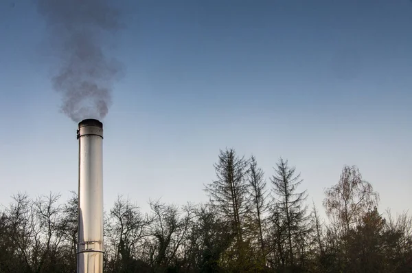 Roken Roestvrijstalen Schoorsteen Voor Ochtendhemel Bomen Achtergrond Hoge Kwaliteit Foto — Stockfoto