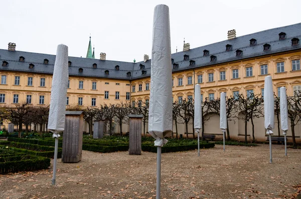 Bamberg, Almanya, Kasım 2020. Almanya 'nın Bamberg kentindeki yeni konutun iç bahçesindeki gül bahçesine bakın..